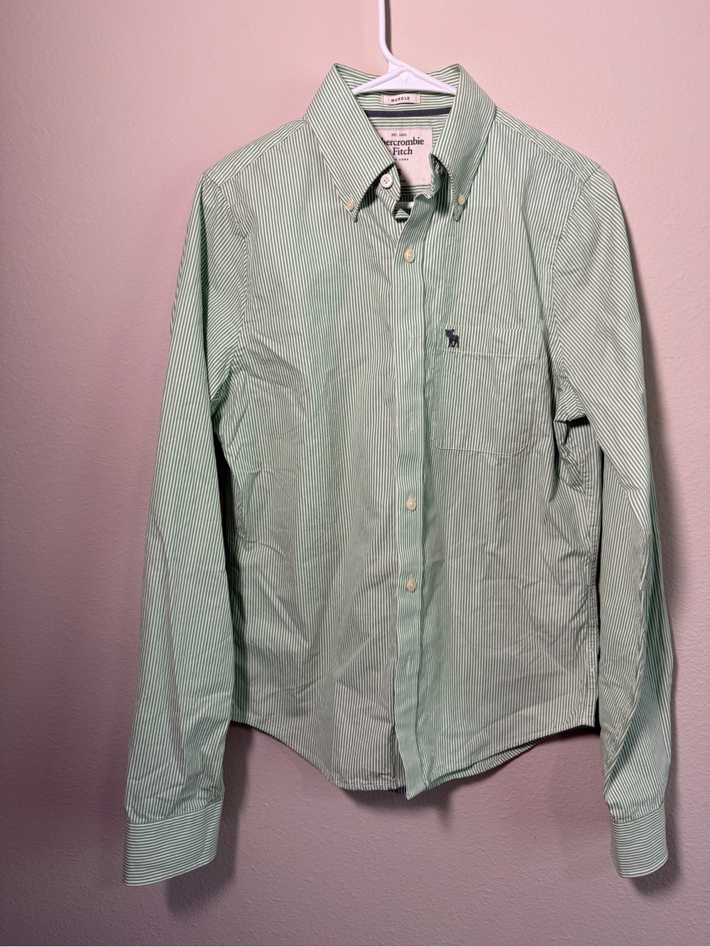 Abercrombie & Fitch Men's Mint Green Pinstripe Button-Down Shirt